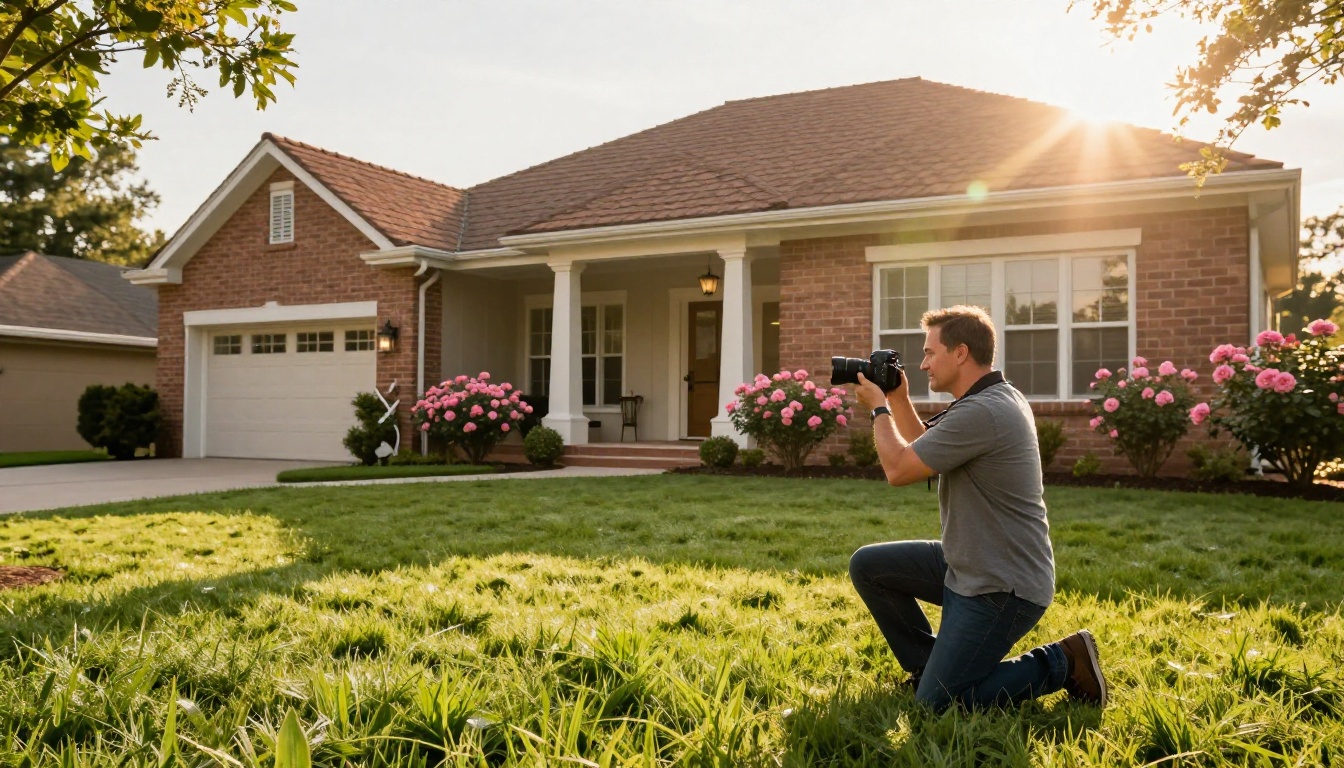Professional real estate photographer capturing exterior of luxury property for listing brochure