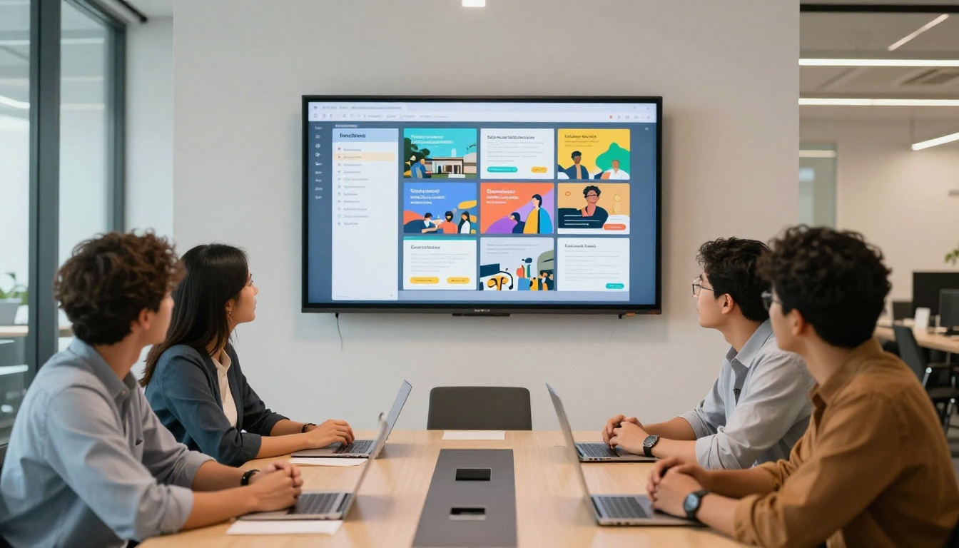 Creative agency team looking at a flipbook presentation on a conference room screen Creative agency team looking at a flipbook presentation on a conference room screen