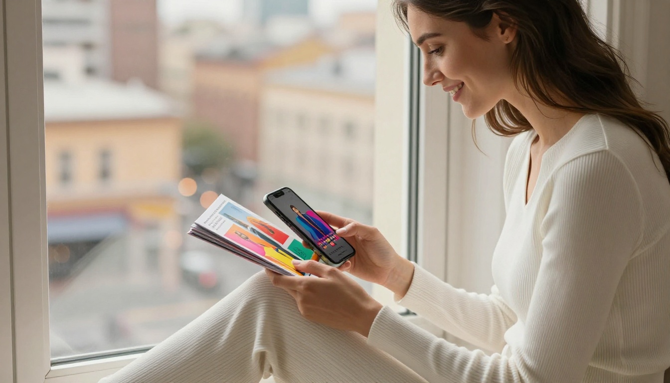 Woman scrolling through a fashion lookbook flipbook on her phone by a sunlit window Woman scrolling through a fashion lookbook flipbook on her phone by a sunlit window