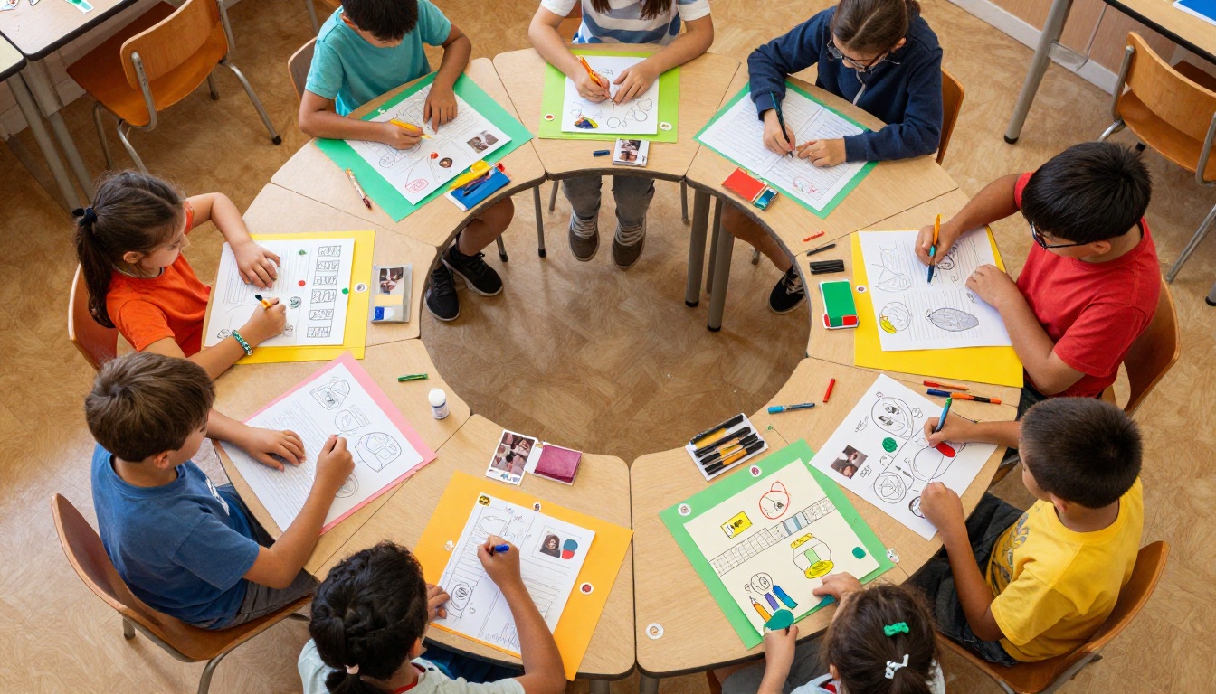 Overhead view of students working on colorful flipbook projects at their desks
