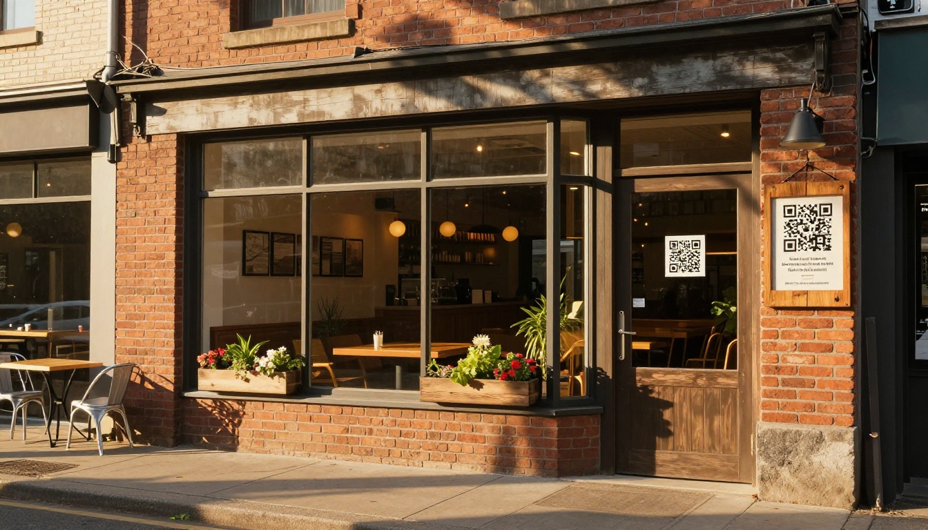 Modern casual restaurant exterior with brick facade and a QR code sign in the window for digital menu access Modern casual restaurant exterior with brick facade and a QR code sign in the window for digital menu access