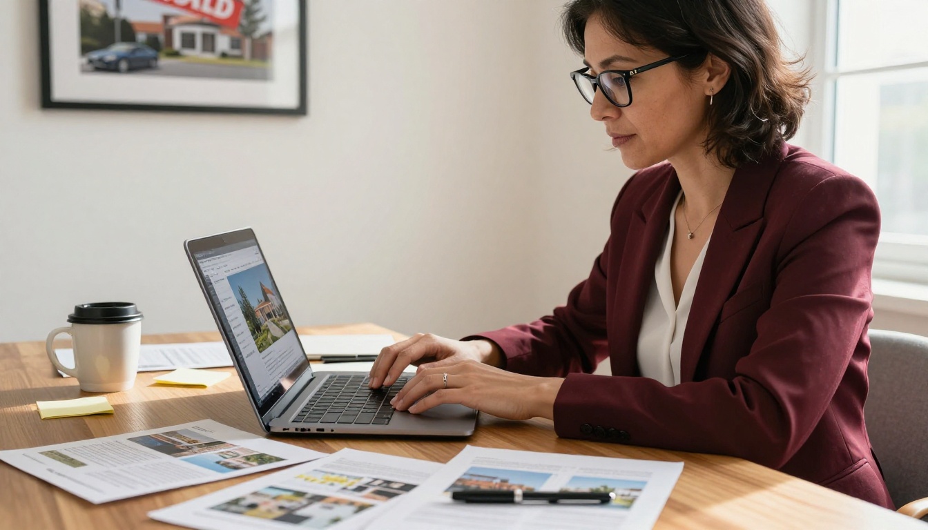 Real estate agent at desk creating digital property brochure on laptop