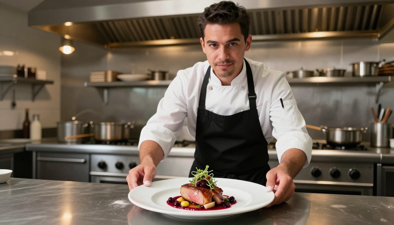 Professional chef in white coat presenting a beautifully plated seared duck breast dish with microgreens in a restaurant kitchen Professional chef in white coat presenting a beautifully plated seared duck breast dish with microgreens in a restaurant kitchen
