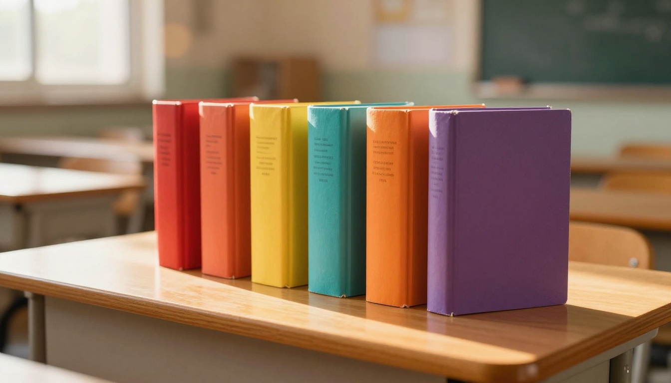 Colorful educational flipbooks lined up on a classroom windowsill in golden afternoon light