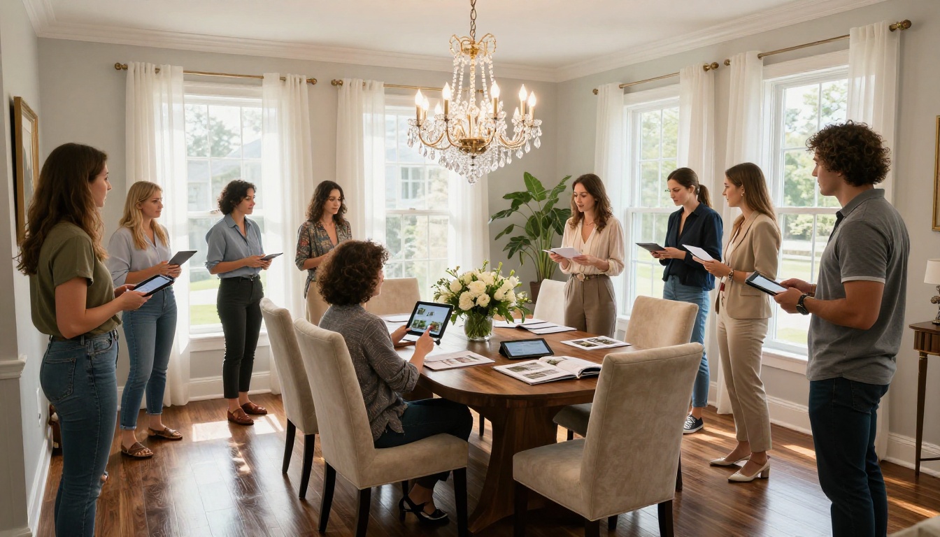 Open house event with buyers browsing property flipbook brochures at dining table