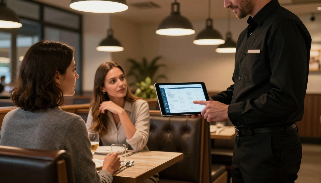 Professional waiter in black uniform holding an iPad and showing a digital menu to two seated restaurant guests Professional waiter in black uniform holding an iPad and showing a digital menu to two seated restaurant guests