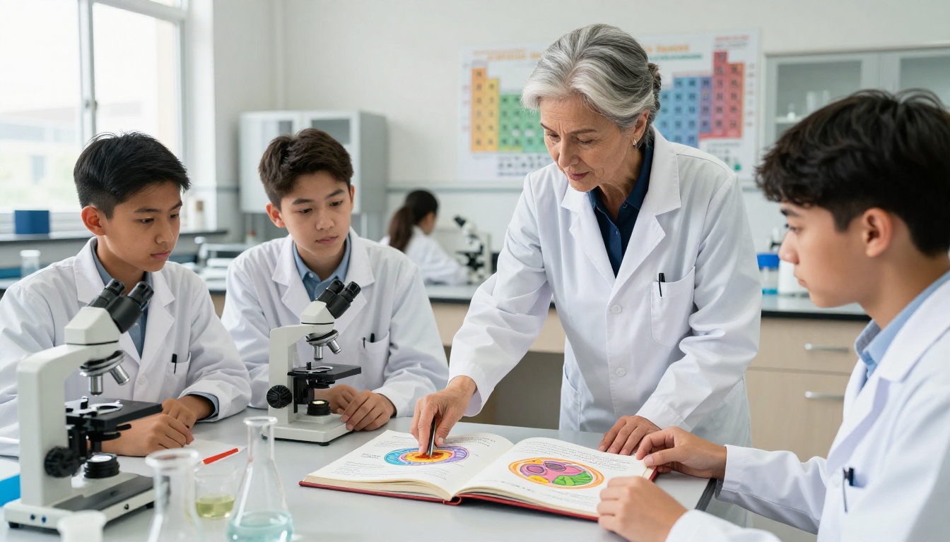 Science teacher explaining a biology flipbook to students in a school laboratory