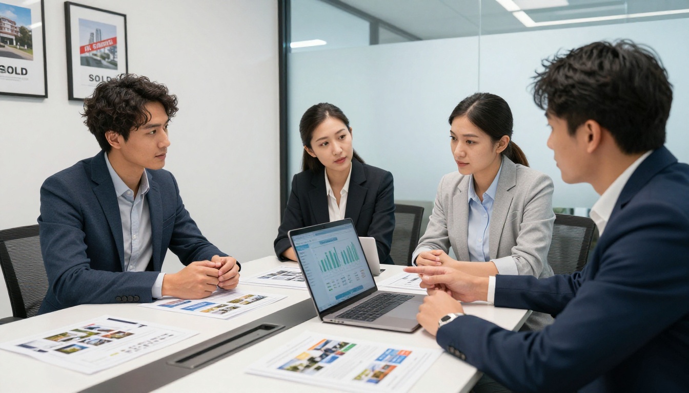 Team of real estate professionals reviewing property marketing analytics and brochures