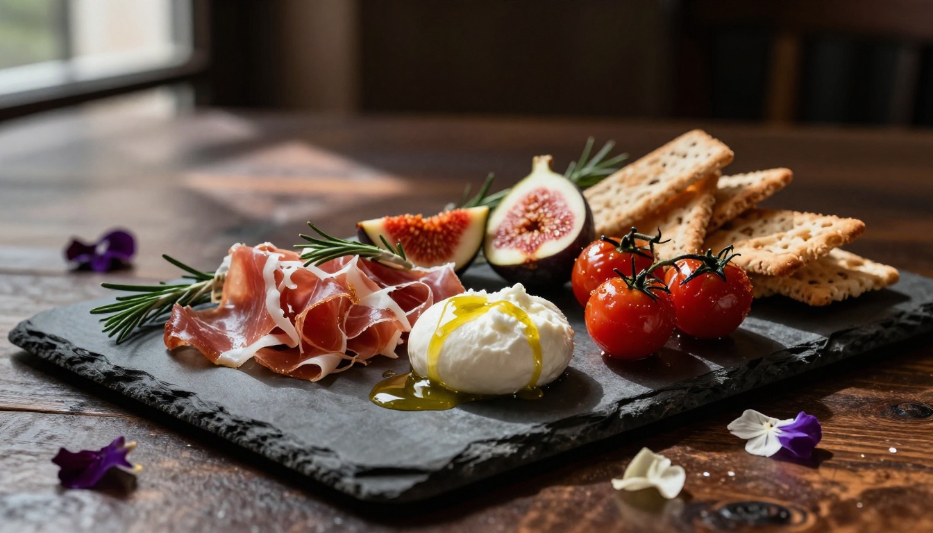 Close-up of a beautifully arranged antipasto platter with prosciutto, burrata cheese, fresh figs, and roasted tomatoes on rustic slate board Close-up of a beautifully arranged antipasto platter with prosciutto, burrata cheese, fresh figs, and roasted tomatoes on rustic slate board