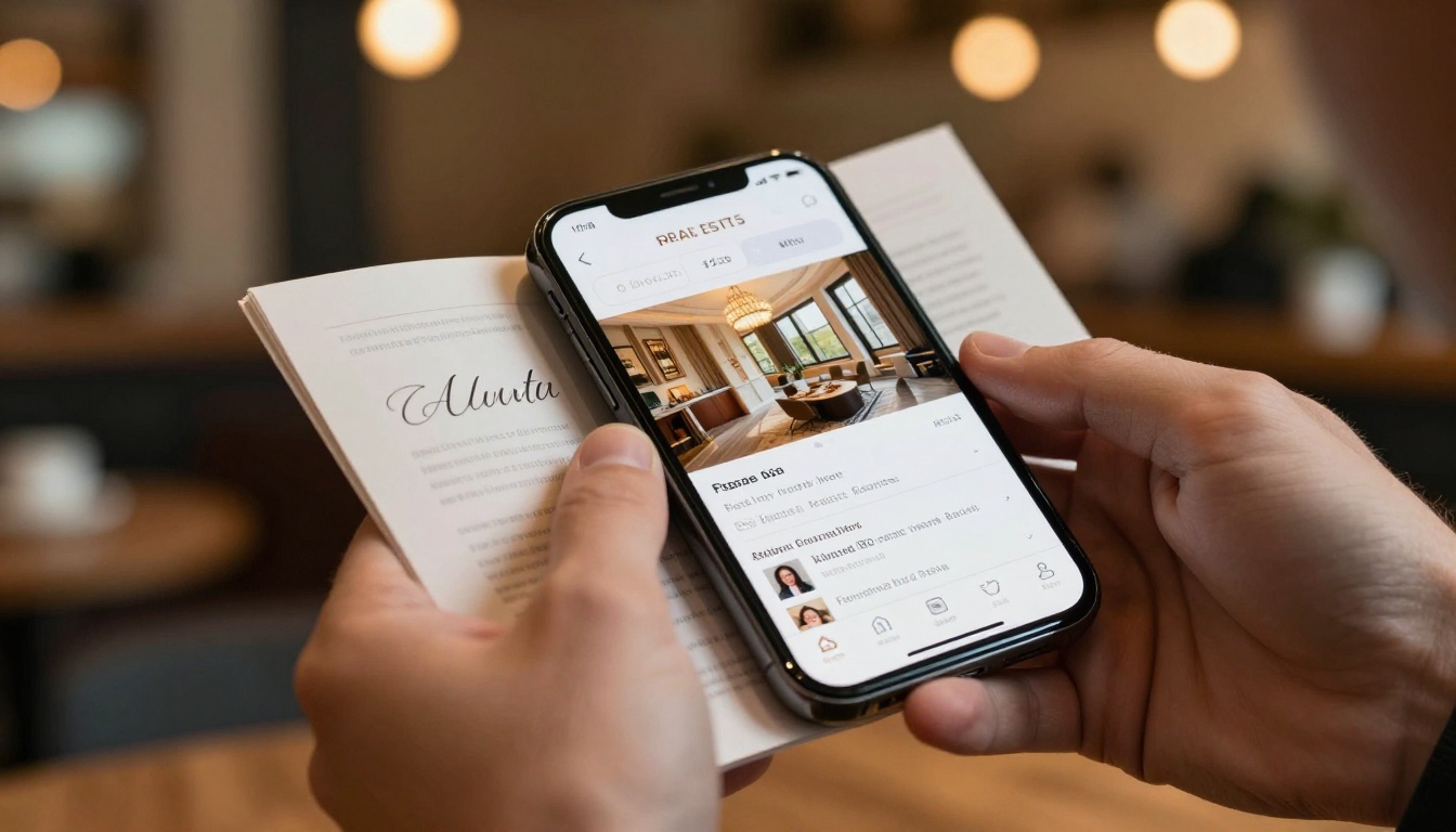 Real estate agent reviewing property brochure on smartphone in coffee shop