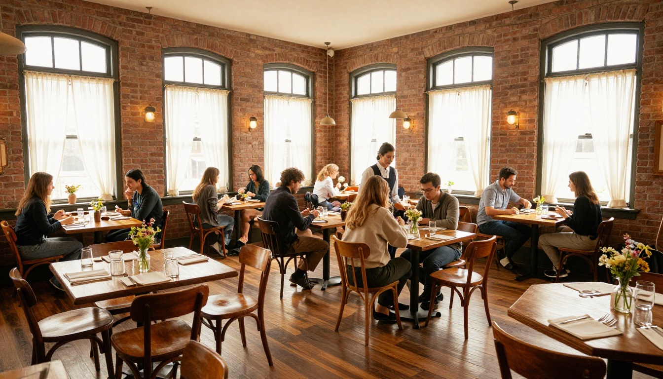 A lively restaurant dining room during peak lunch service with warm natural light streaming through tall arched windows and guests at multiple tables A lively restaurant dining room during peak lunch service with warm natural light streaming through tall arched windows and guests at multiple tables