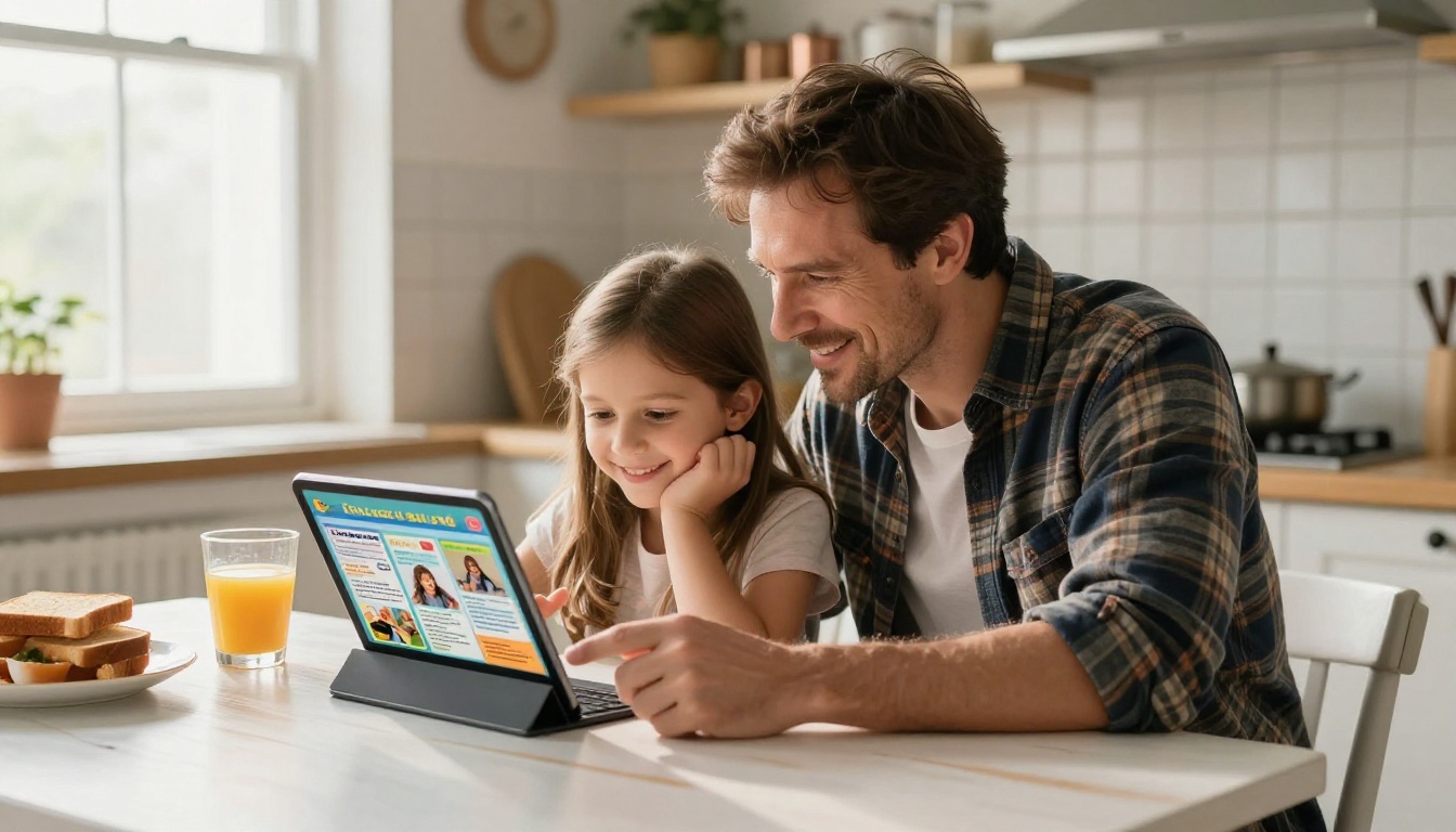 Parent and child reviewing a colorful school newsletter flipbook on a tablet at the kitchen table