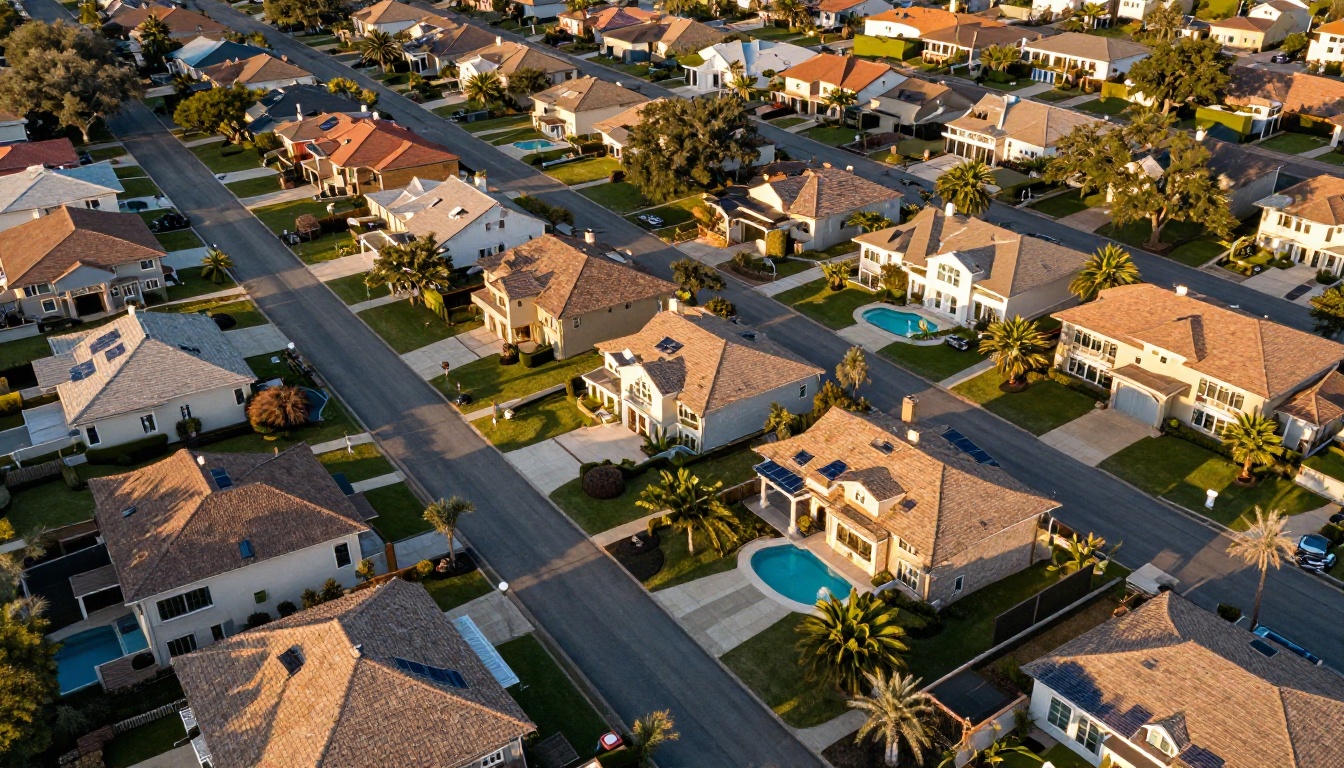 Aerial drone view of luxury residential neighborhood with swimming pools and manicured properties