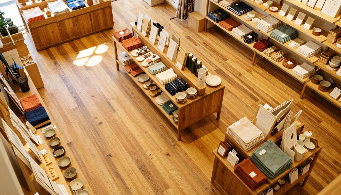 Aerial view of organized boutique retail shop interior Aerial view of organized boutique retail shop interior