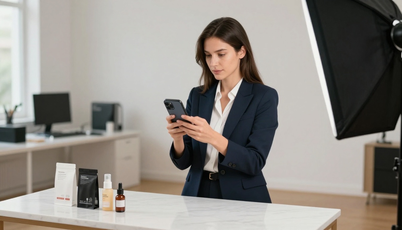 Professional businesswoman photographing products for digital catalog Professional businesswoman photographing products for digital catalog