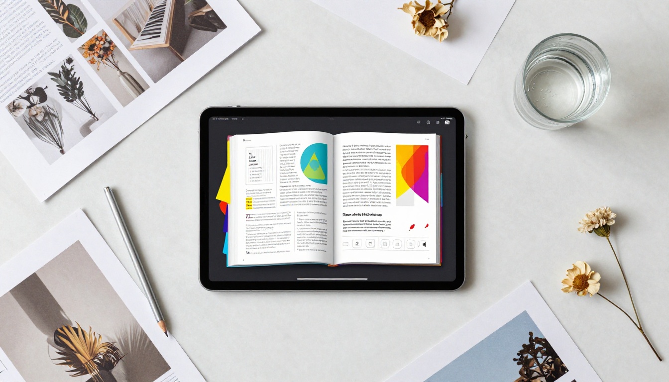 Aerial flat lay of iPad showing digital portfolio flipbook beside printed portfolio sheets Aerial flat lay of iPad showing digital portfolio flipbook beside printed portfolio sheets