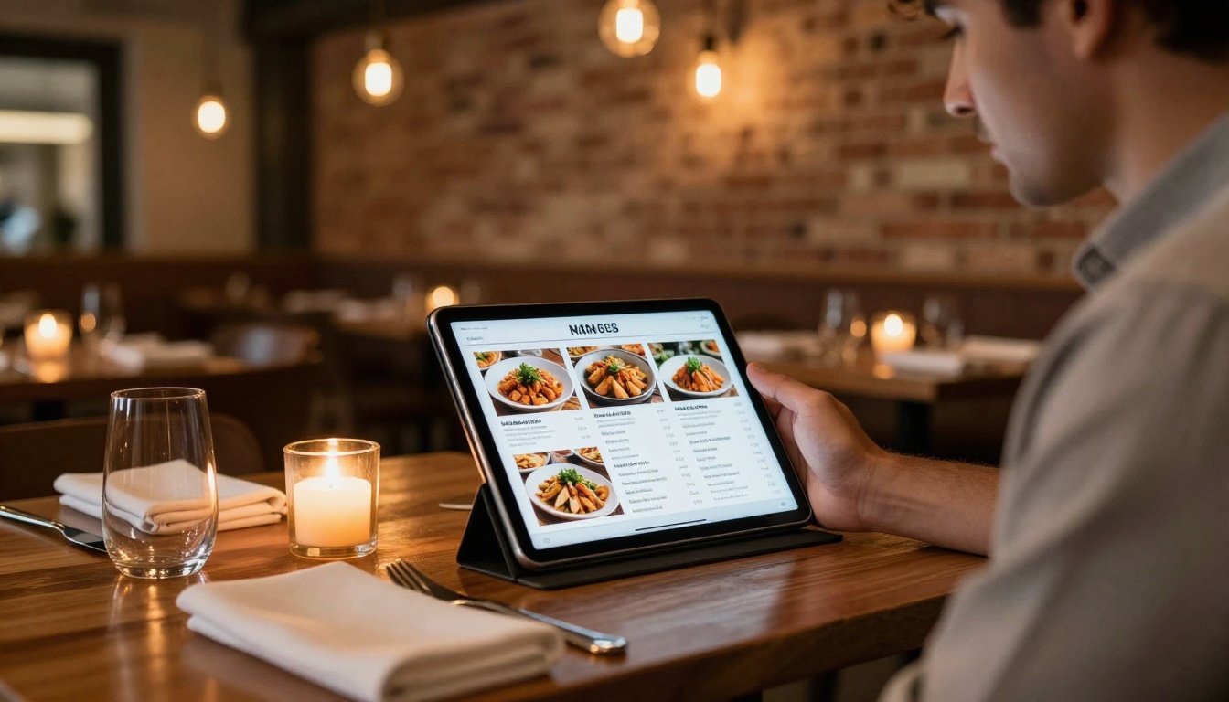 Restaurant owner reviewing digital menu flipbook on tablet Restaurant owner reviewing digital menu flipbook on tablet