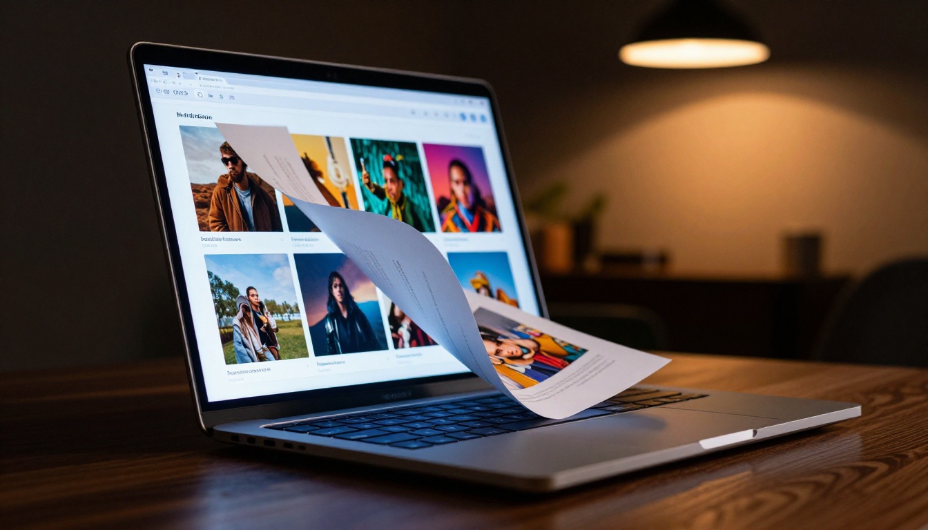 Laptop screen showing flipbook page-turn animation at low angle, cinematic lighting Laptop screen showing flipbook page-turn animation at low angle, cinematic lighting