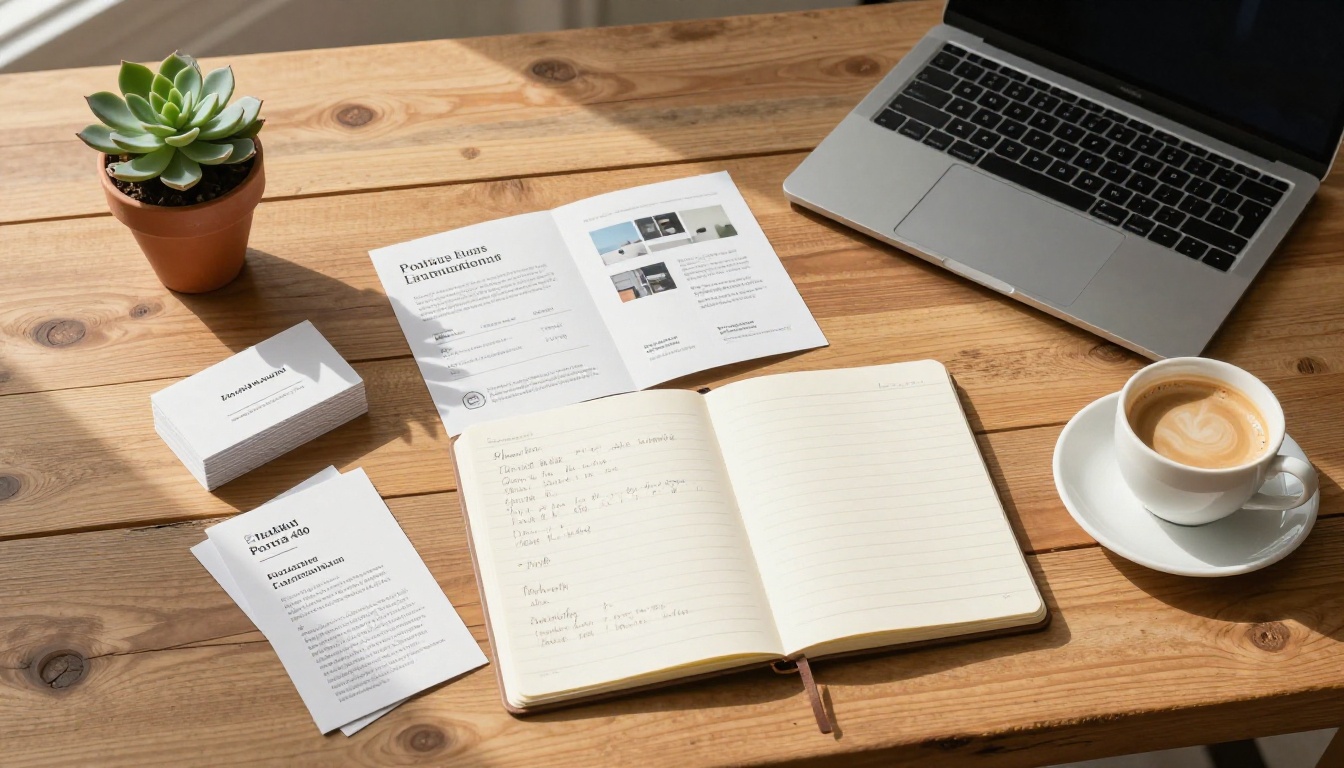 Flat lay of small business marketing materials on wooden table Flat lay of small business marketing materials on wooden table