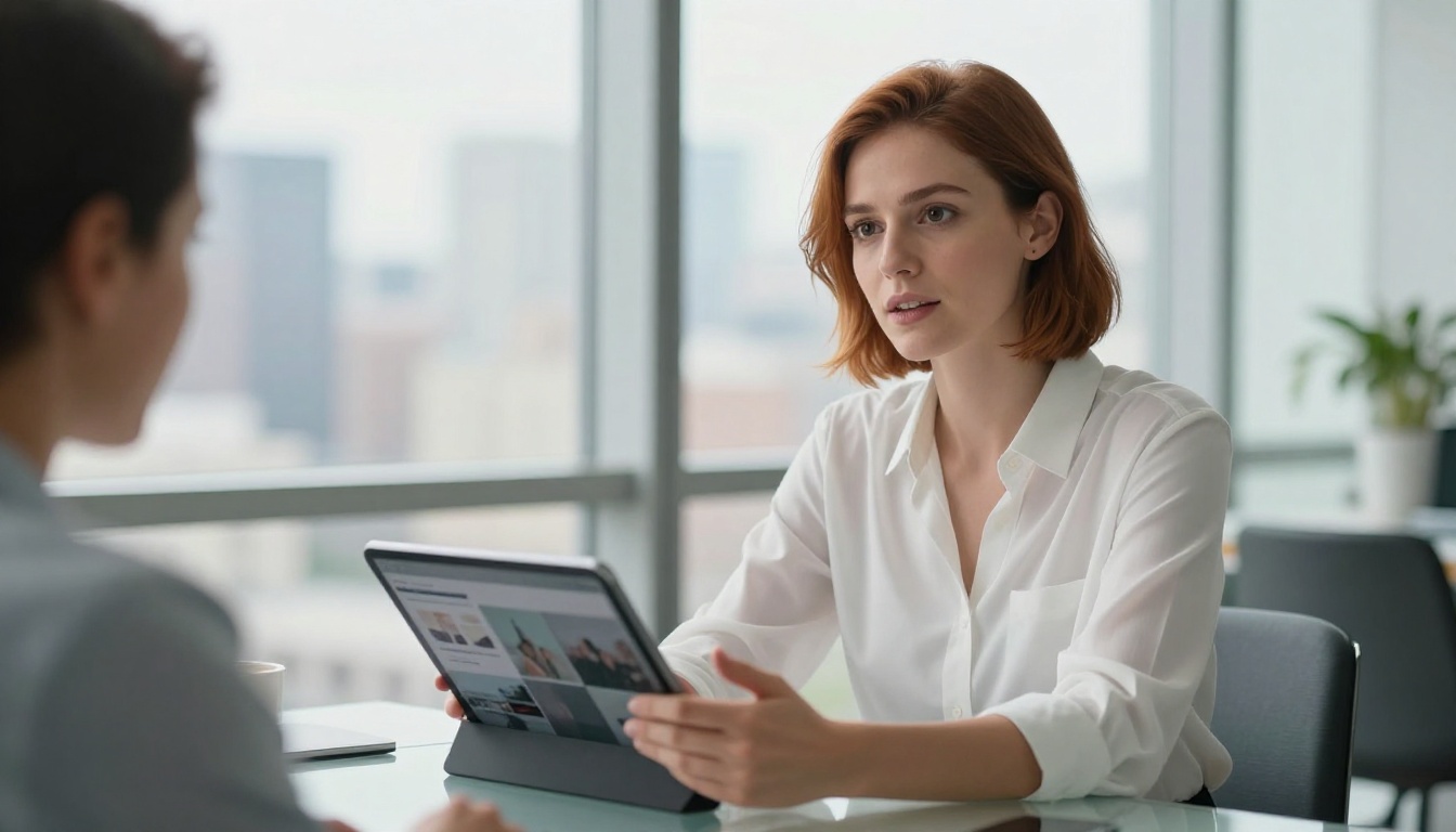 Creative professional presenting digital portfolio on tablet to client in modern office meeting Creative professional presenting digital portfolio on tablet to client in modern office meeting