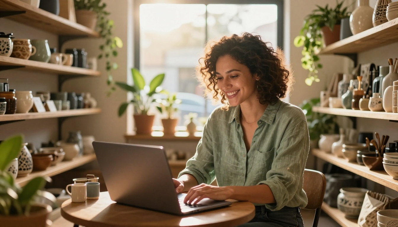 Joyful small business owner in her artisan shop with laptop Joyful small business owner in her artisan shop with laptop