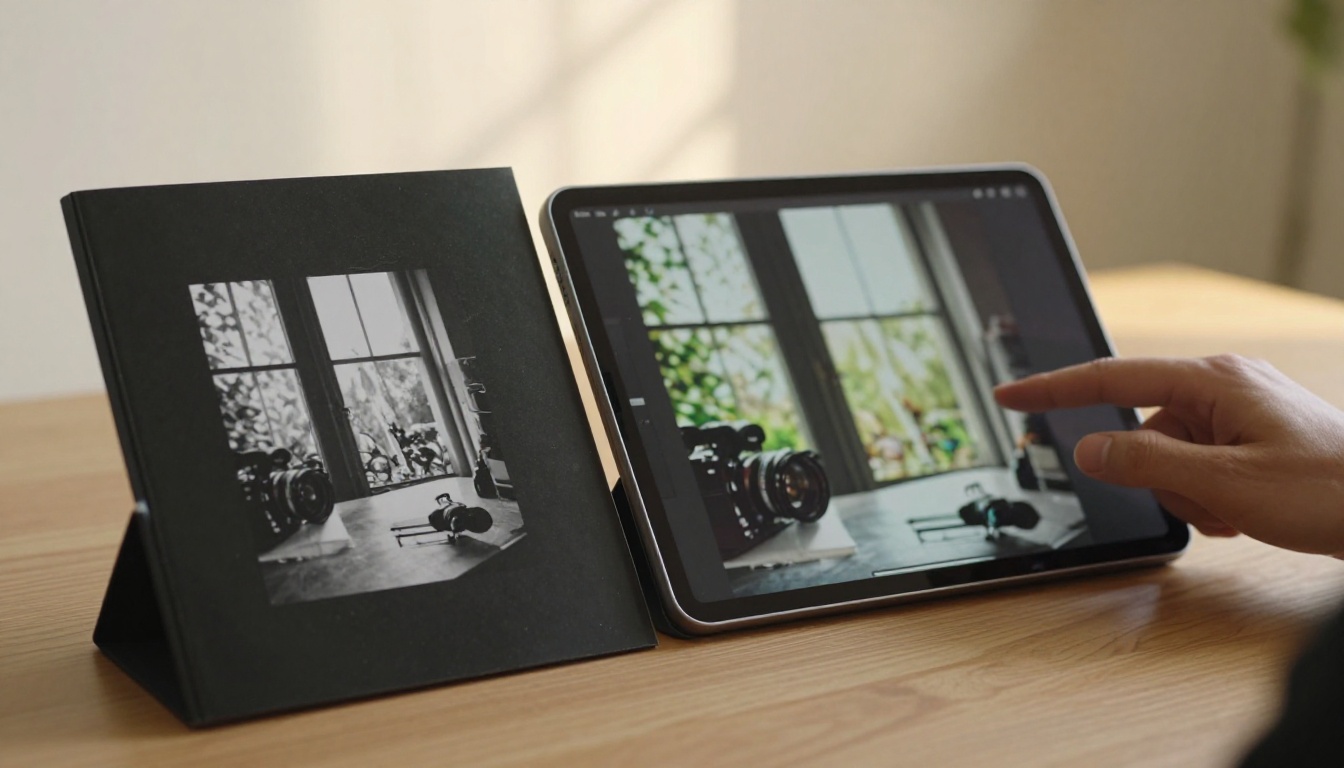 Printed portfolio page vs glowing tablet flipbook side-by-side comparison on oak desk Printed portfolio page vs glowing tablet flipbook side-by-side comparison on oak desk