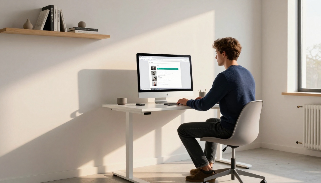 Designer uploading PDF in minimal Scandinavian home office with large monitor Designer uploading PDF in minimal Scandinavian home office with large monitor