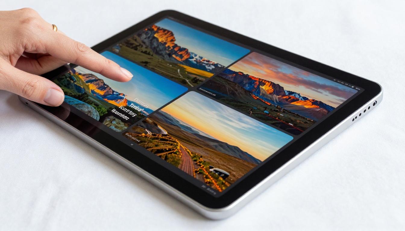 iPad Pro screen close-up showing colorful photography portfolio flipbook spread iPad Pro screen close-up showing colorful photography portfolio flipbook spread