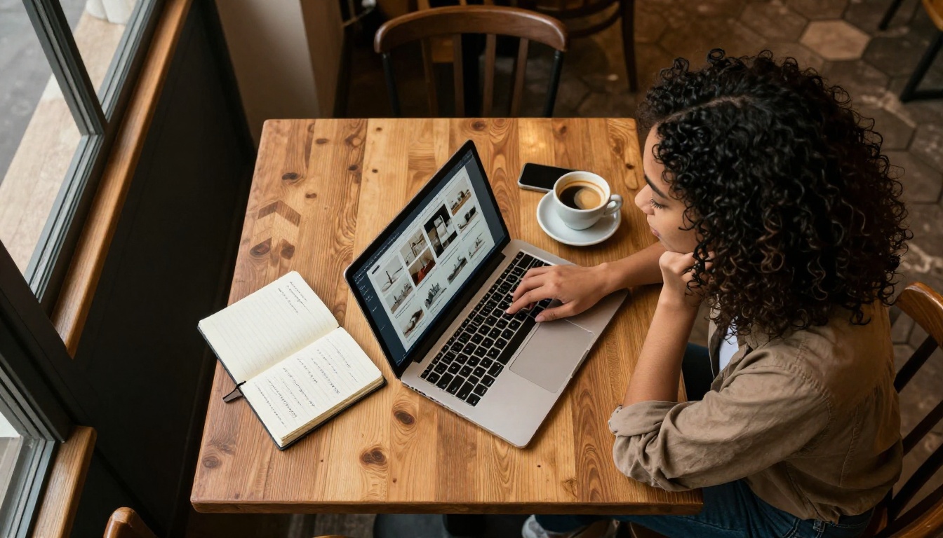 Young woman presenting digital portfolio flipbook from laptop at coffee shop Young woman presenting digital portfolio flipbook from laptop at coffee shop