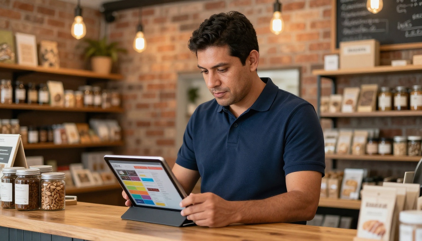 Latin American small business owner reviewing digital catalog on iPad Pro at shop counter Latin American small business owner reviewing digital catalog on iPad Pro at shop counter