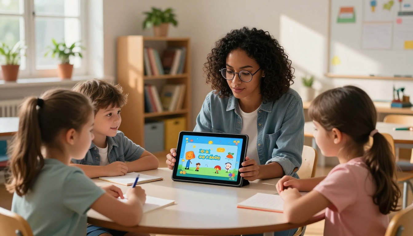 Female teacher showing colorful digital flipbook to young students on tablet in classroom Female teacher showing colorful digital flipbook to young students on tablet in classroom