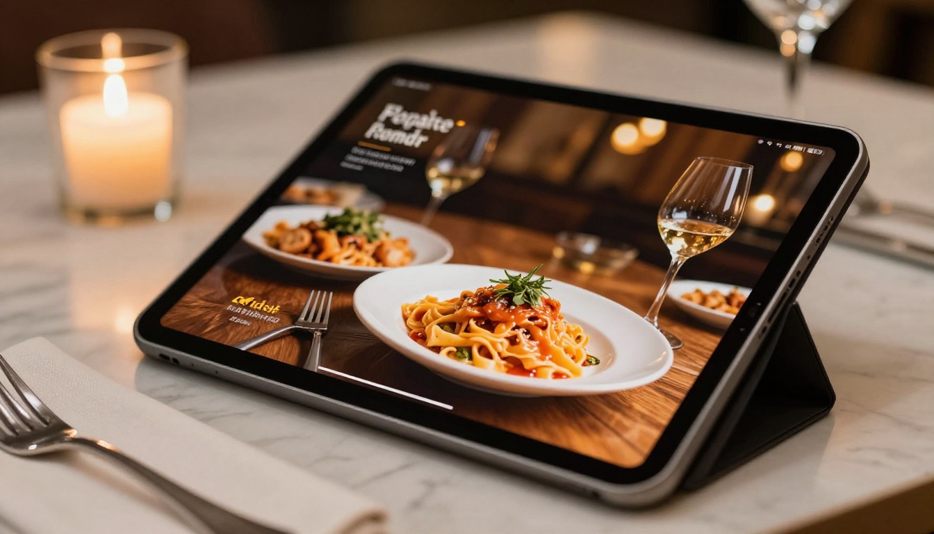 Digital restaurant menu displayed as interactive flipbook on tablet at candlelit table Digital restaurant menu displayed as interactive flipbook on tablet at candlelit table