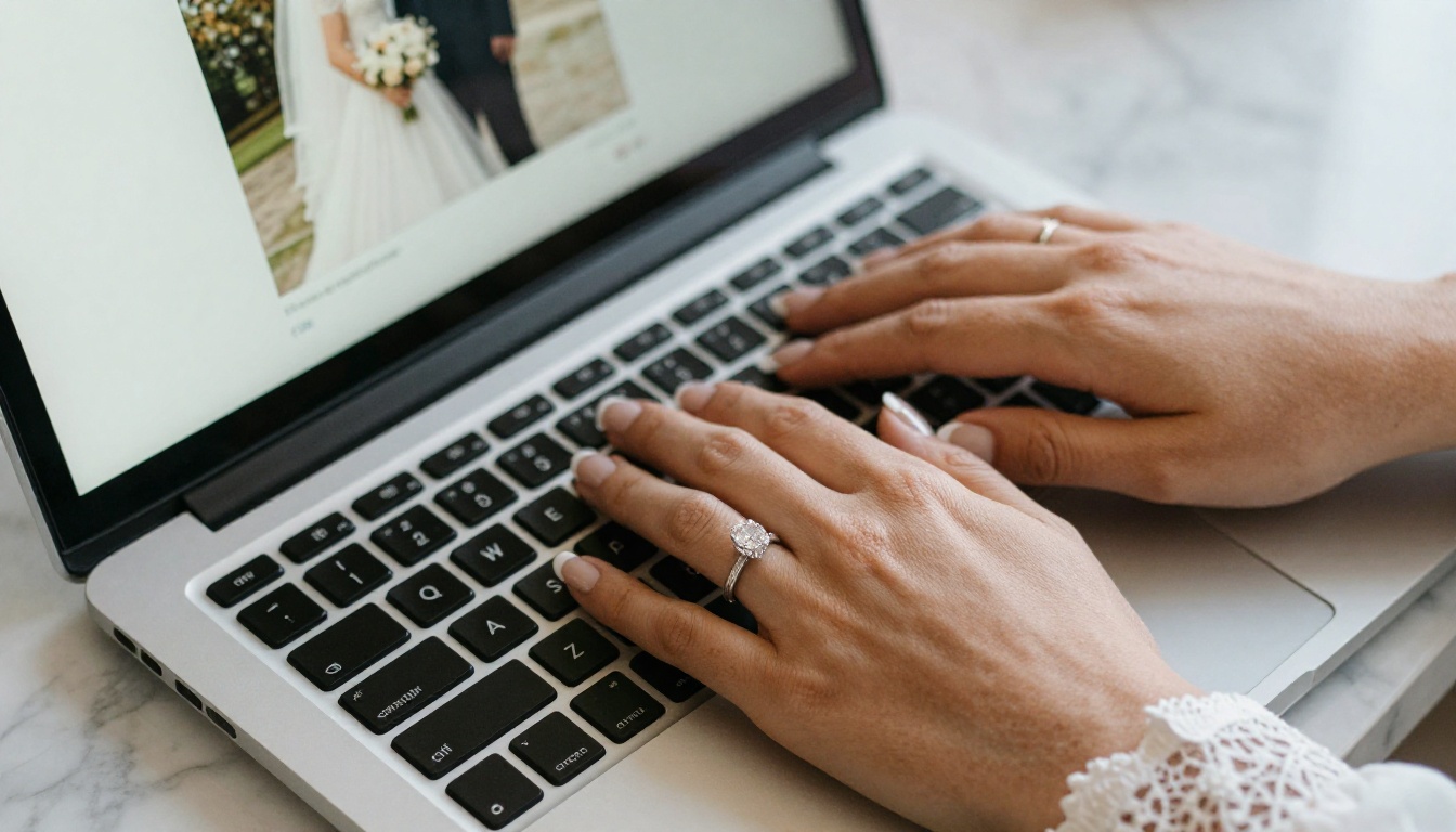 Close-up of a bride's elegant hands with diamond ring resting on a laptop keyboard, uploading wedding photos
