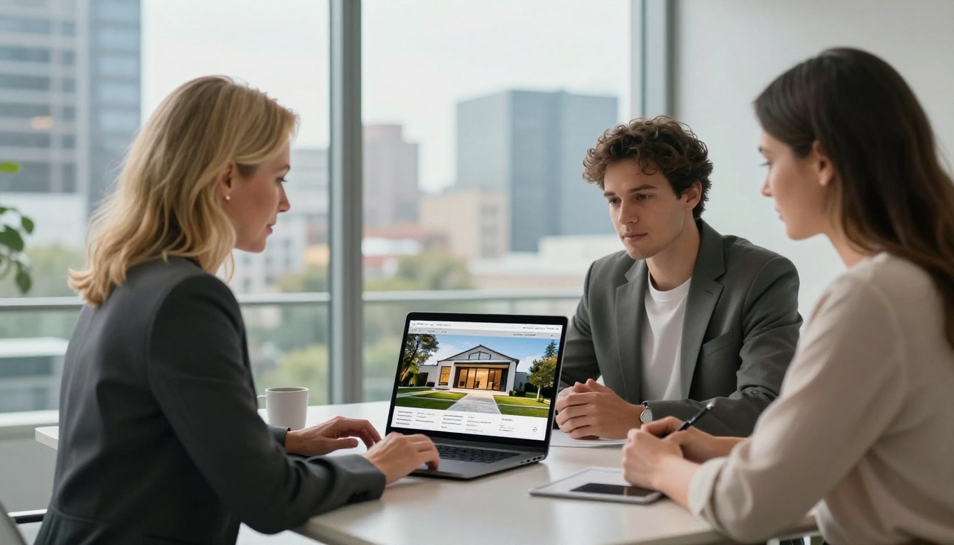 Real estate agent presenting property brochure flipbook on laptop to young couple at conference table Real estate agent presenting property brochure flipbook on laptop to young couple at conference table