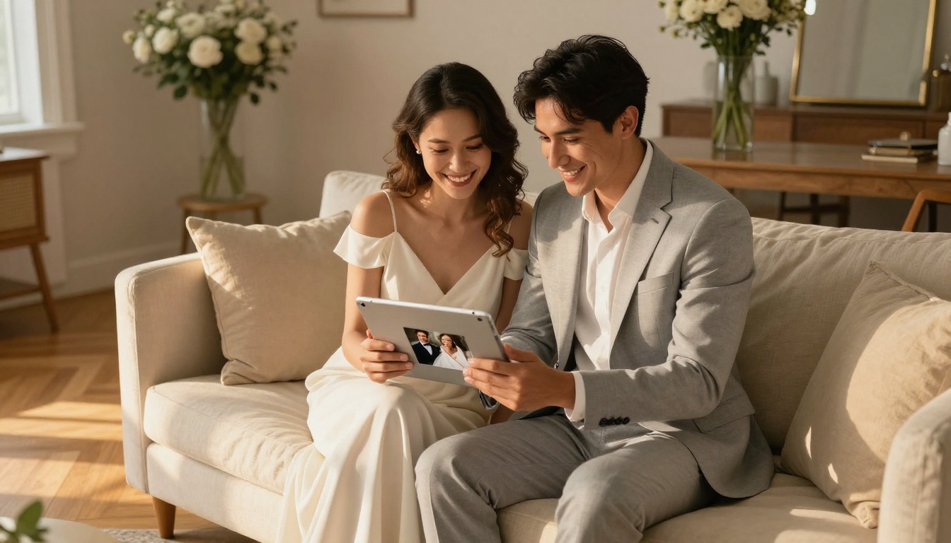 A happy newlywed couple sitting on a cream linen couch, viewing their digital wedding flipbook on a tablet together