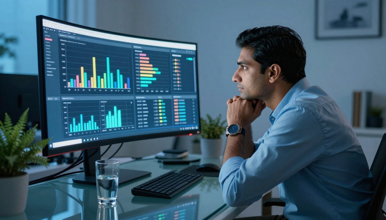 South Asian professional man studying analytics dashboard at large curved monitor in evening light South Asian professional man studying analytics dashboard at large curved monitor in evening light