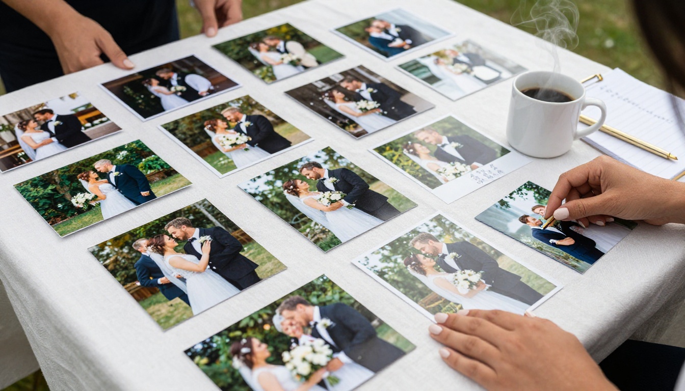 Overhead aerial view of dozens of wedding photographs being organized on a white linen tablecloth
