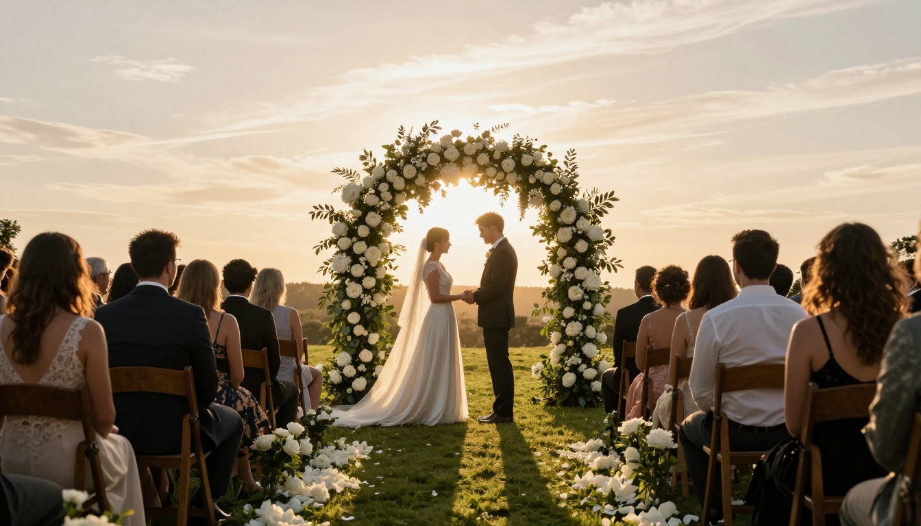 Wide cinematic shot of an outdoor wedding ceremony at golden hour beneath a lush white floral arch