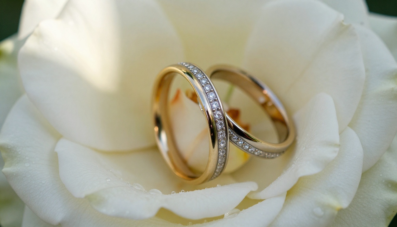 Macro close-up of two interlocked wedding bands on white rose petals with morning light and water droplets
