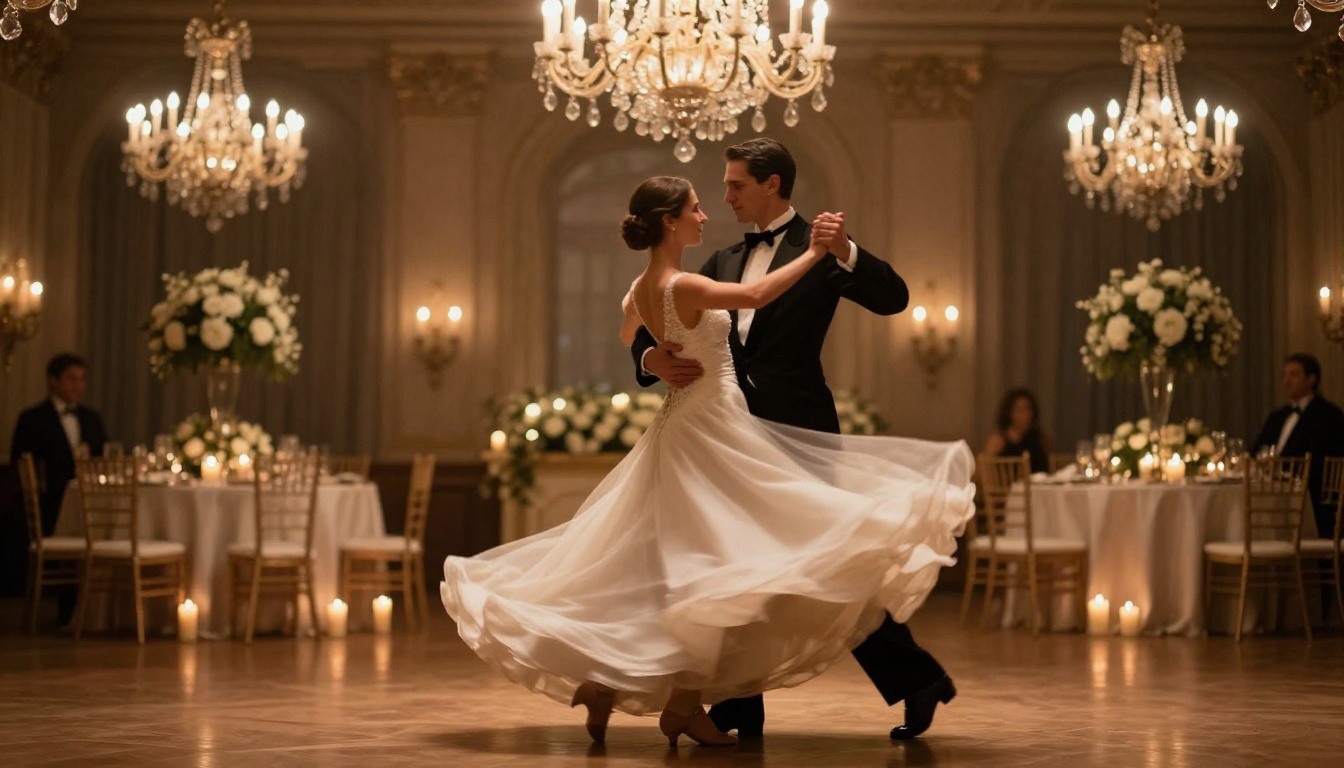 Romantic first dance shot from a low angle, bride's ivory gown in soft motion under a grand chandelier