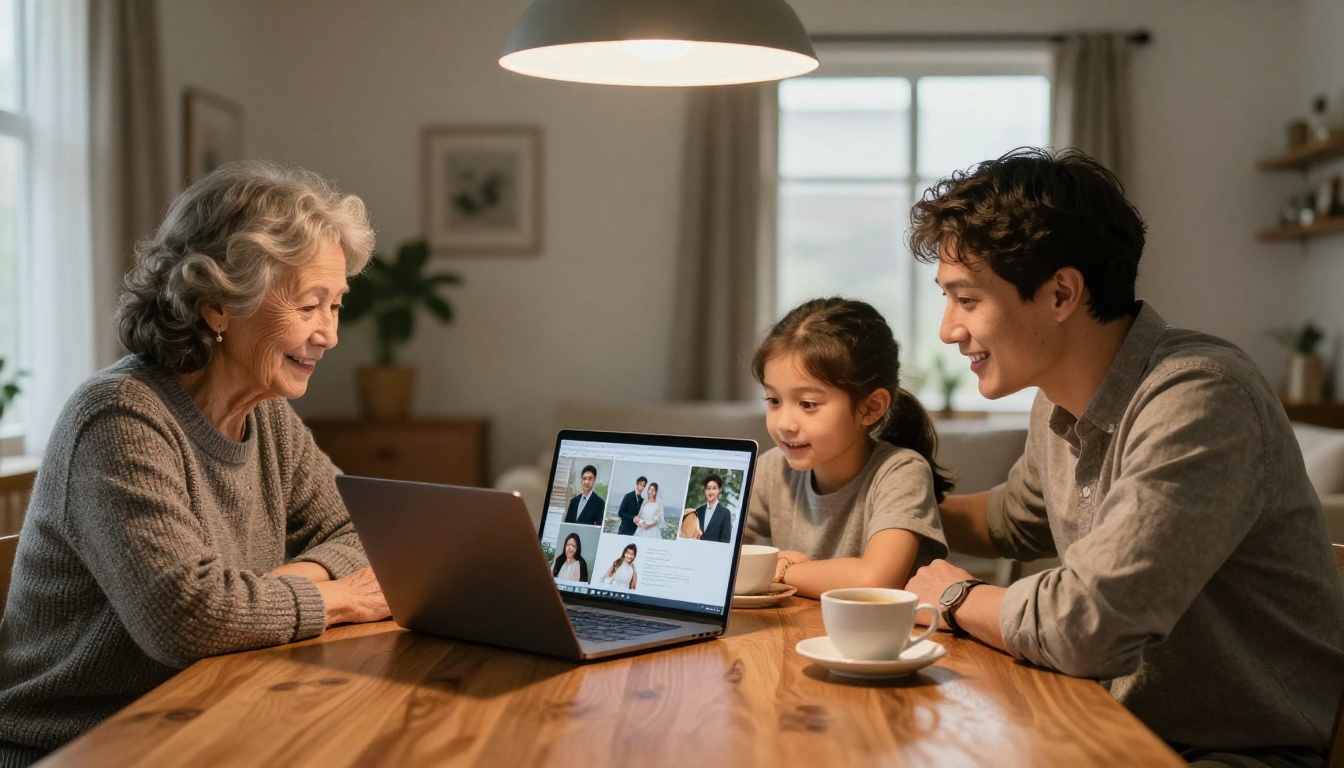 Three generations of a family gathered warmly around a laptop viewing a digital wedding flipbook together