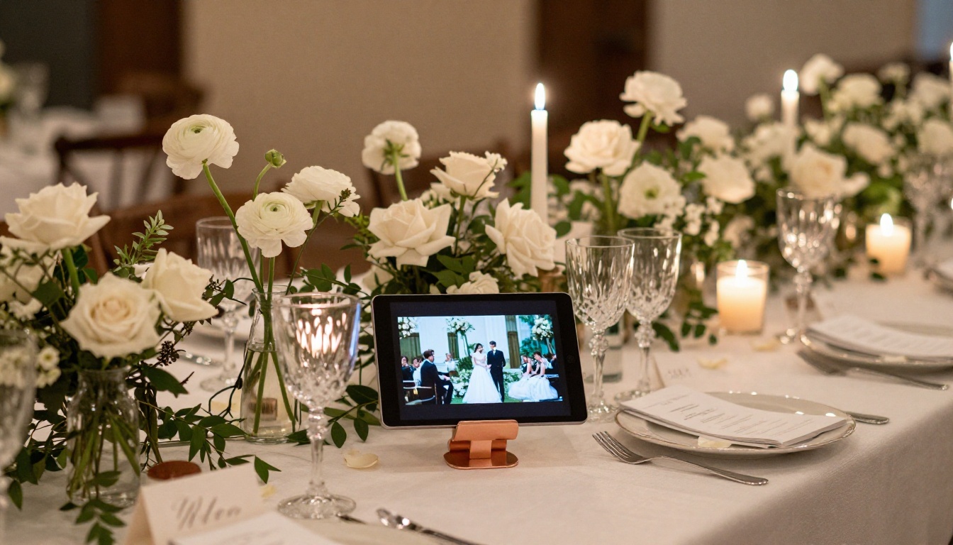 Elegant wedding reception table with tall white floral centerpiece and a tablet showing the wedding flipbook