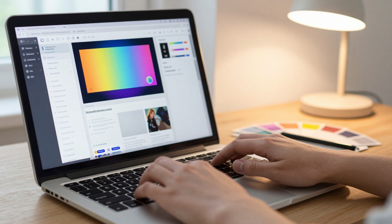 Canva design workspace on a laptop with colorful presentation slides