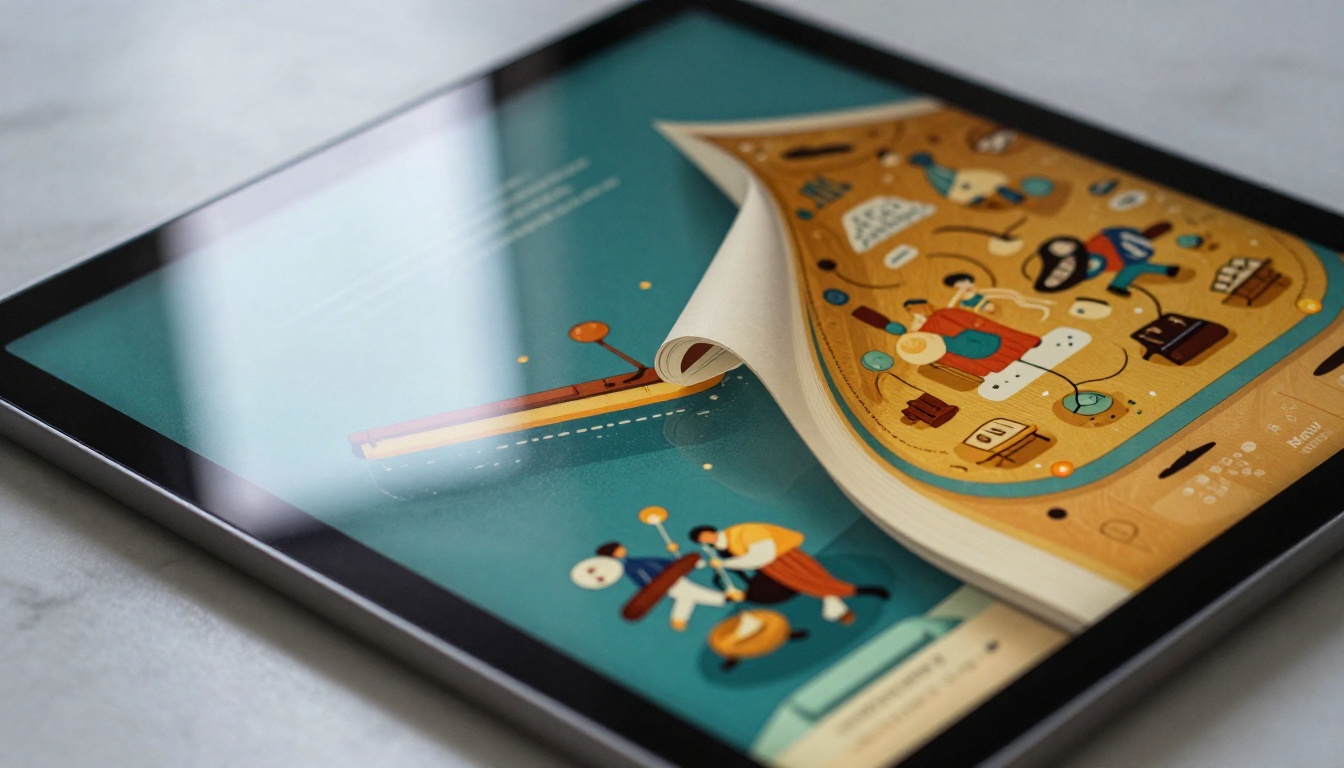 Close-up of a tablet displaying digital flipbook page-turn animation