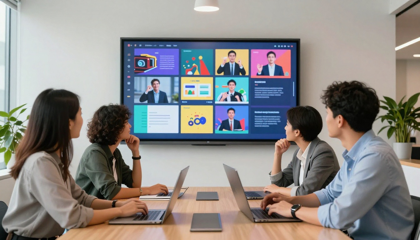 Business team gathered around a conference table viewing a flipbook presentation on a wall screen