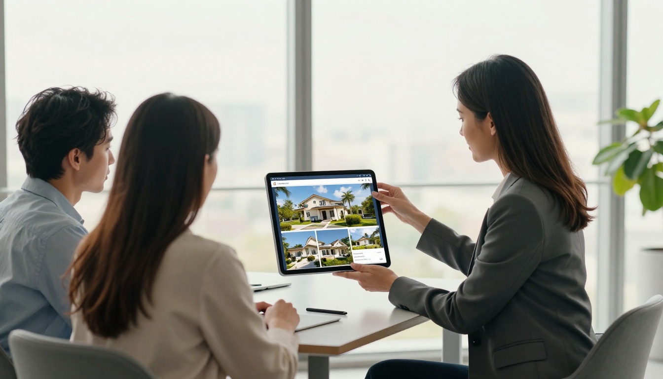Real estate agent showing property flipbook on a tablet to clients