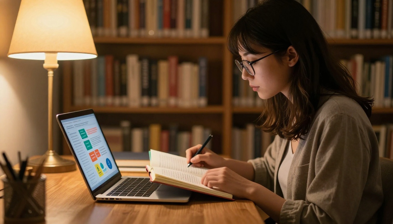 Student reading an interactive flipbook on a laptop at a library desk