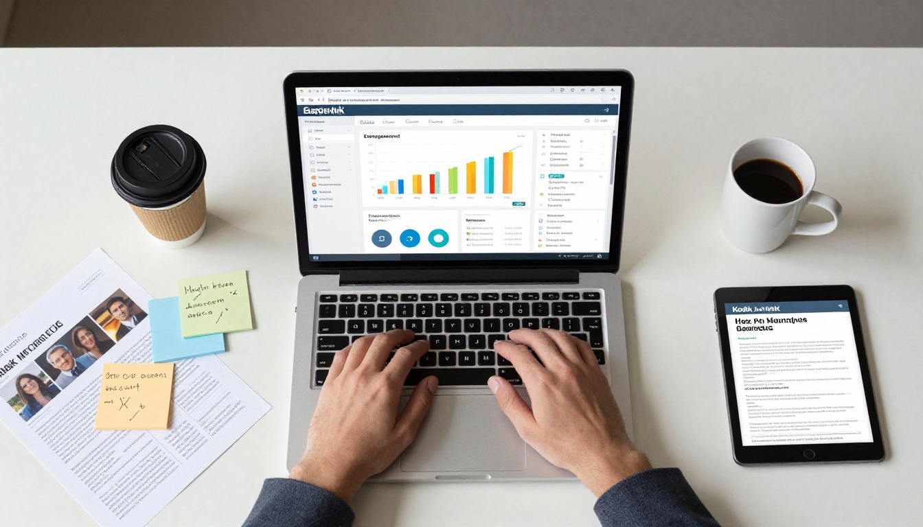 Aerial view of a marketing professional's desk with analytics dashboard on laptop