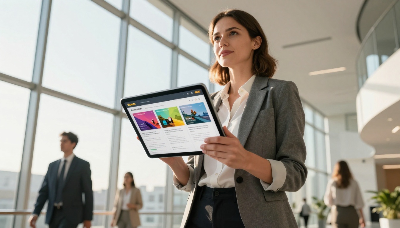 Confident professional holding a tablet with a flipbook presentation standing in a bright office hallway