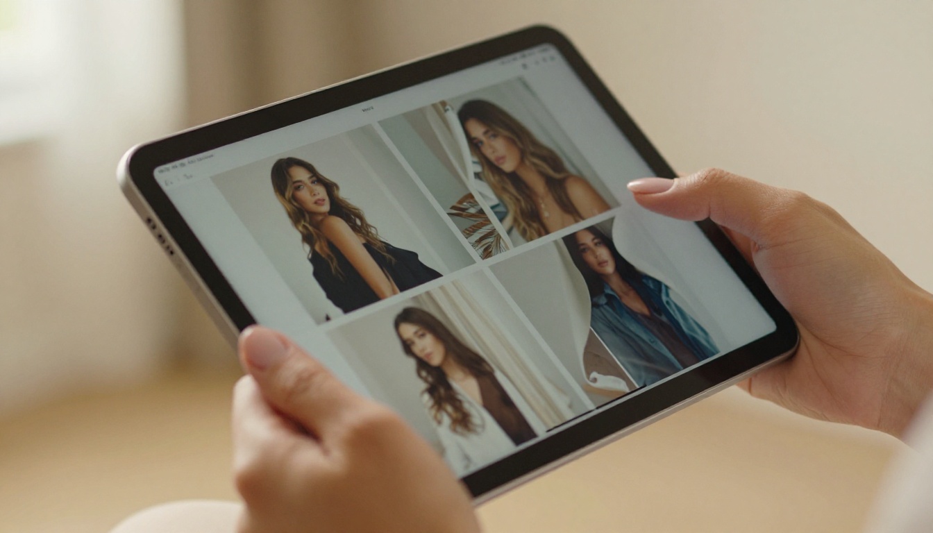 Woman's manicured hands holding a slim tablet displaying a vivid magazine double-page spread with page-turn curl effect Woman's manicured hands holding a slim tablet displaying a vivid magazine double-page spread with page-turn curl effect
